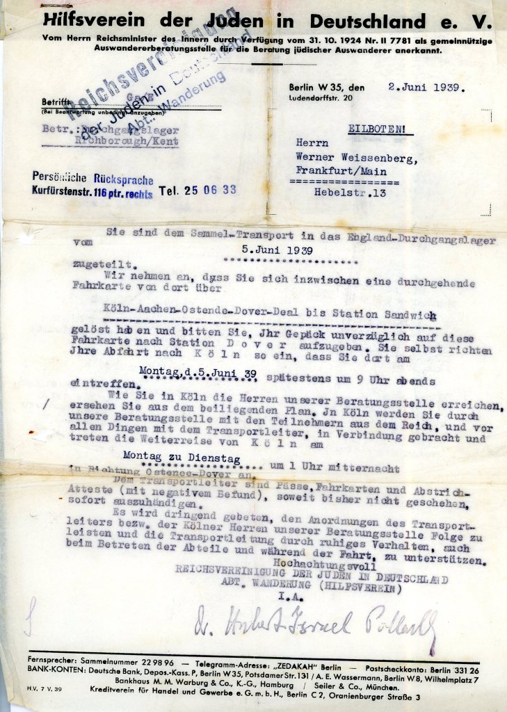 Letter: Hilfsverein 2nd June 1939