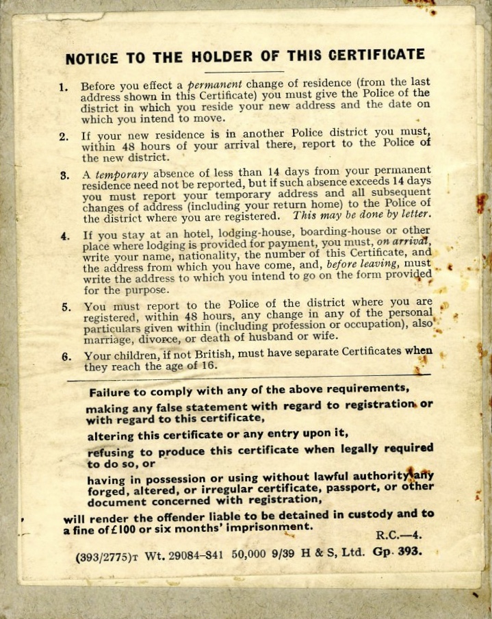 Werner Weissenberg Certificate of Enemy Alien registration, back page