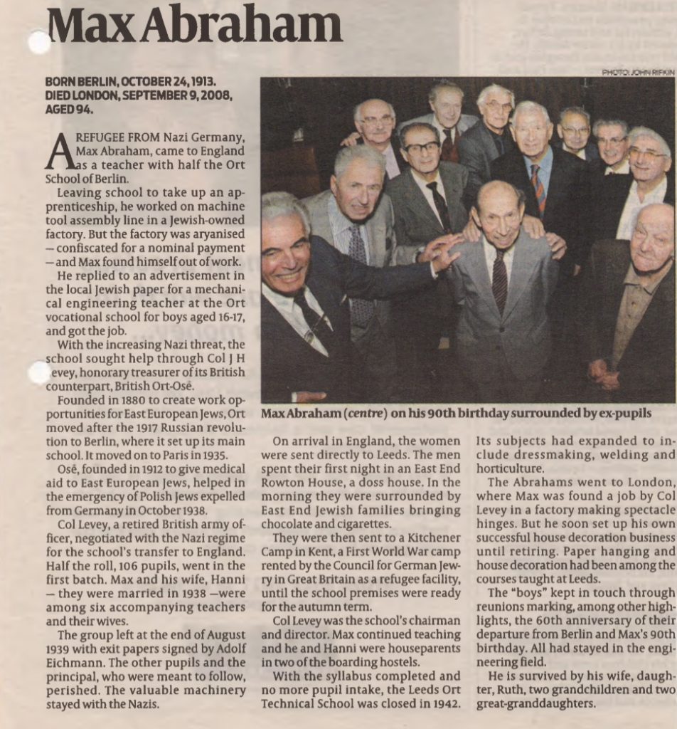 Kitchener camp, Joachim Reissner, Jewish Chronicle article, ORT teacher Max Abraham, 2010