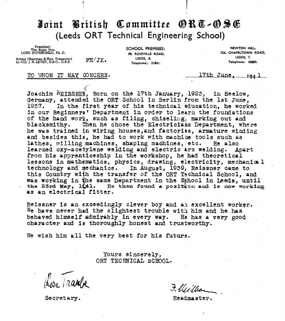 Kitchener camp, Joachim Reissner, ORT letter 1941