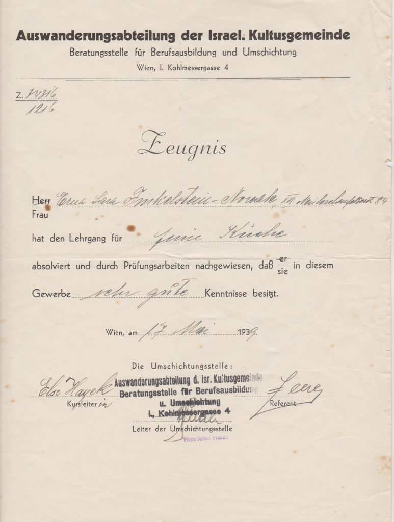 Kitchener camp, Erna Finkelstein, Certified by migration department, Erna Finkelstein - status - trained cook, 17 May 1939