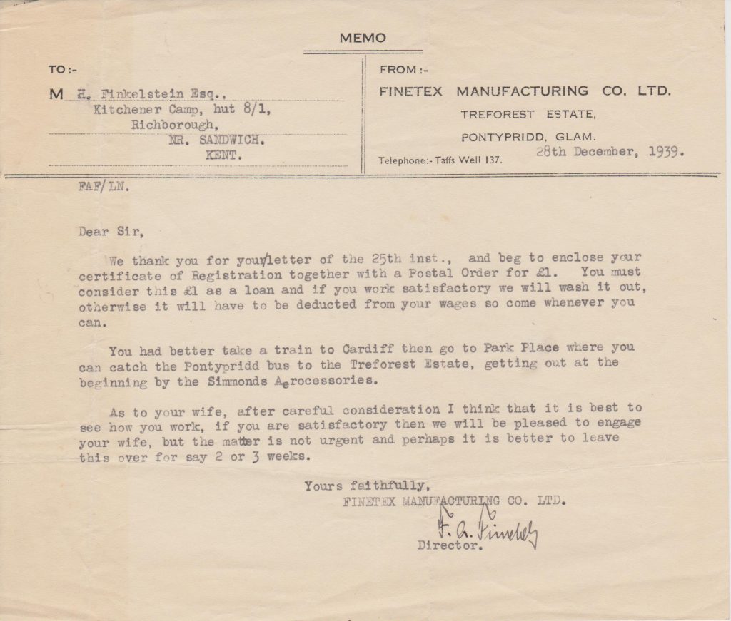 Kitchener camp, Herbert Finkelstein, job offer in South Wales, 28 December 1939