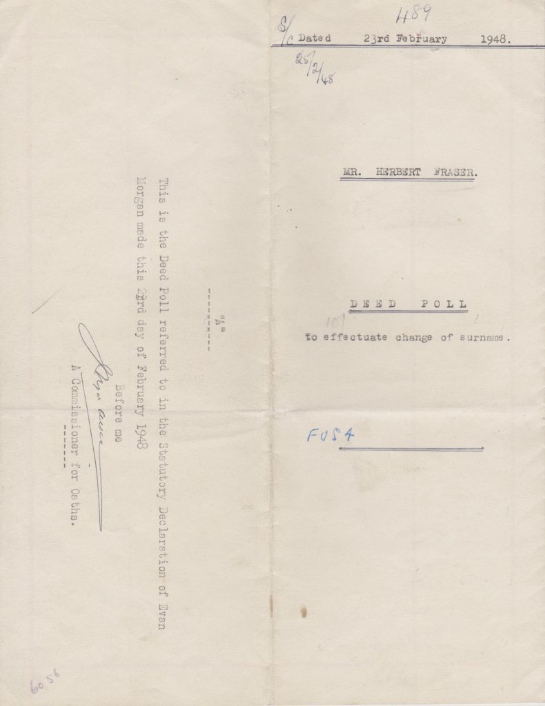 Kitchener camp, Herbert Finkelstein, Official change of name, 1948