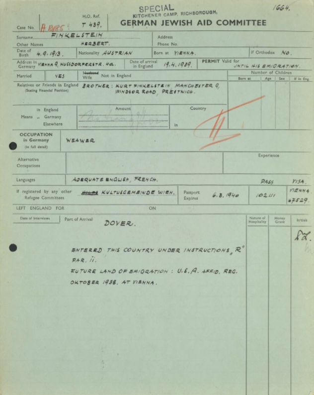Kitchener camp, Herbert Finkelstein, German Jewish Aid form, arrival 19 April 1939
