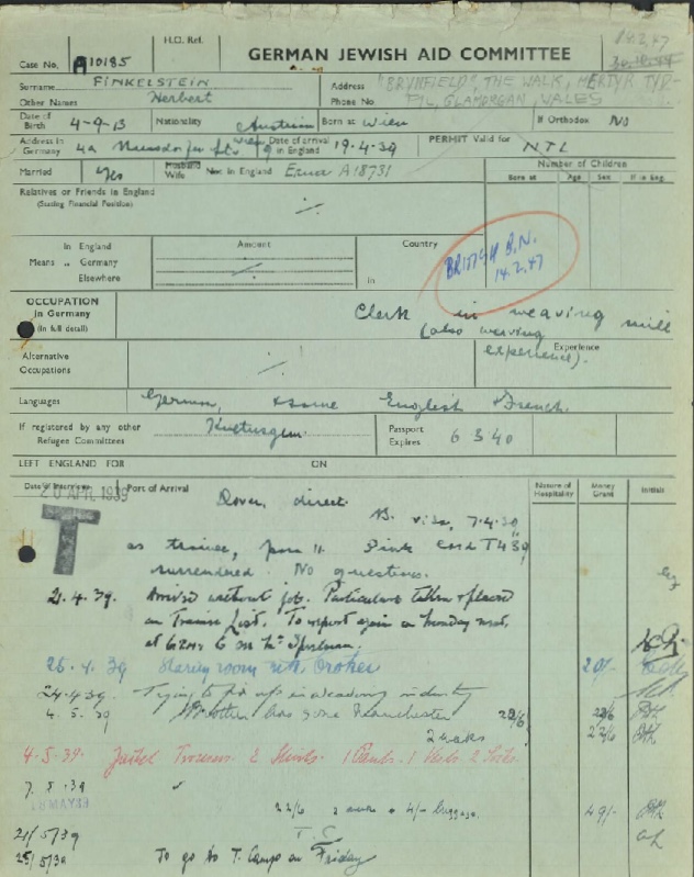 Kitchener camp, Herbert Finkelstein, German Jewish Aid form, 14 February 1947