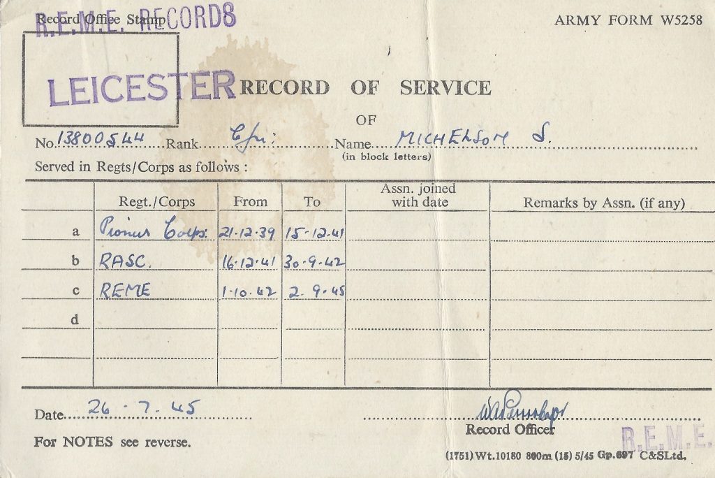 Kitchener camp, Siegfried Michelson, Record of Service, 26 July 1945