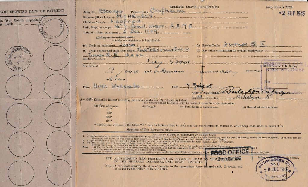 Kitchener camp, Siegfried Michelson, Release leave certificate, 2 September 1945