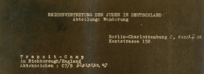 Kitchener camp Reichsvertretung 17th March 1939, letter heading