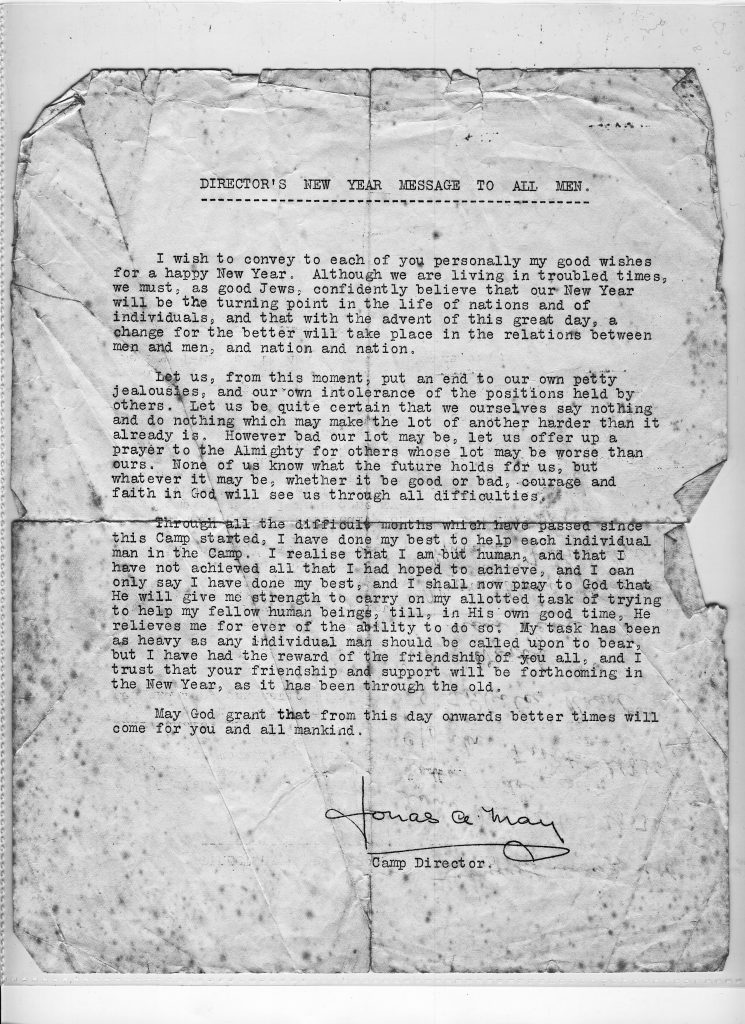 Kitchener camp 1939, Leo Rosengarten, Letter from Jonas May, Director, to the Kitchener men