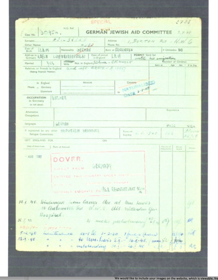 Richborough camp, Sandwich 1939, Hugo Heilbrunn, German Jewish Aid Committee form, page 1
