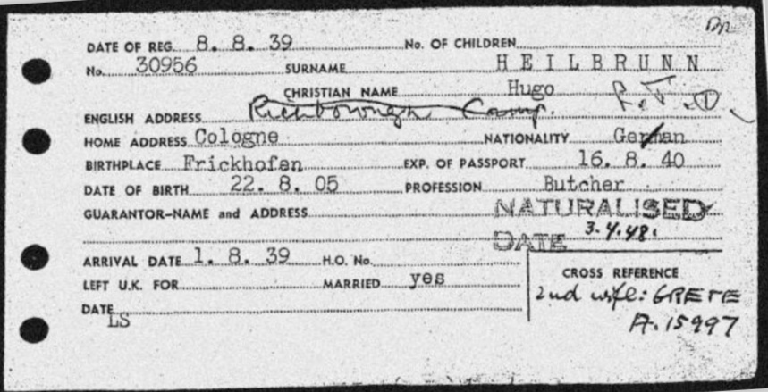 Kitchener camp, Hugo Heilbrunn, registration card