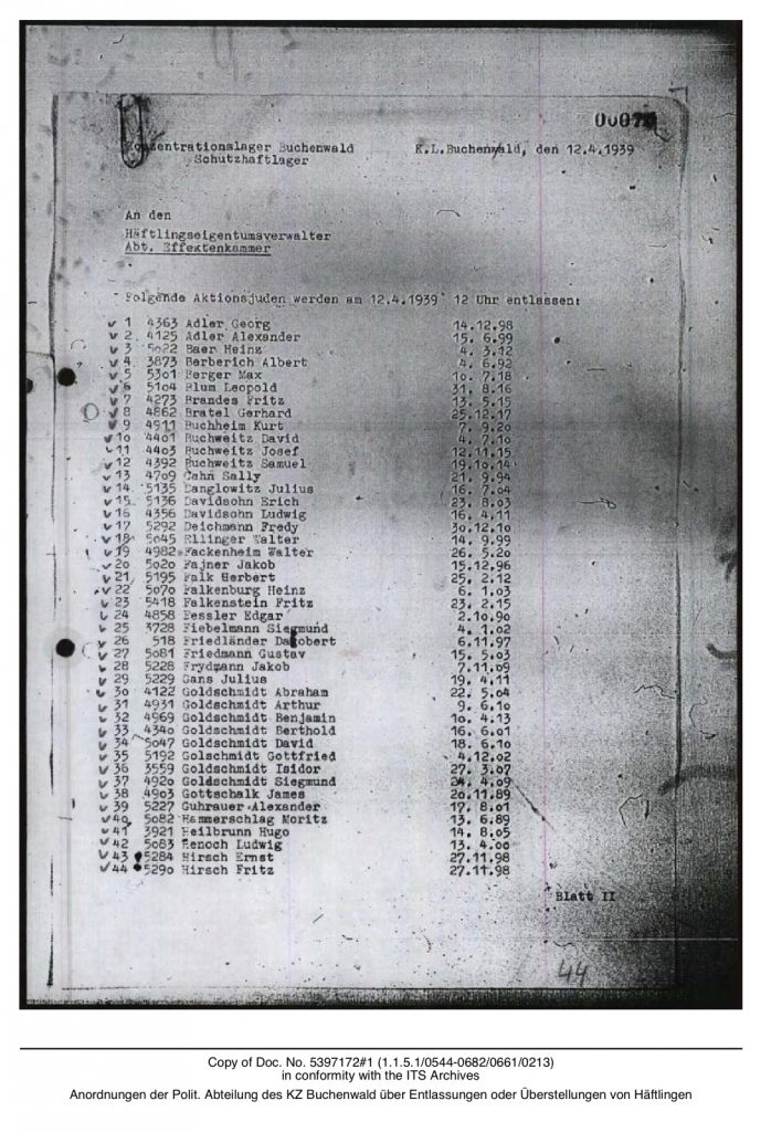 Hugo Heilbrunn, Buchenwald KZ, release list 12 April 1939