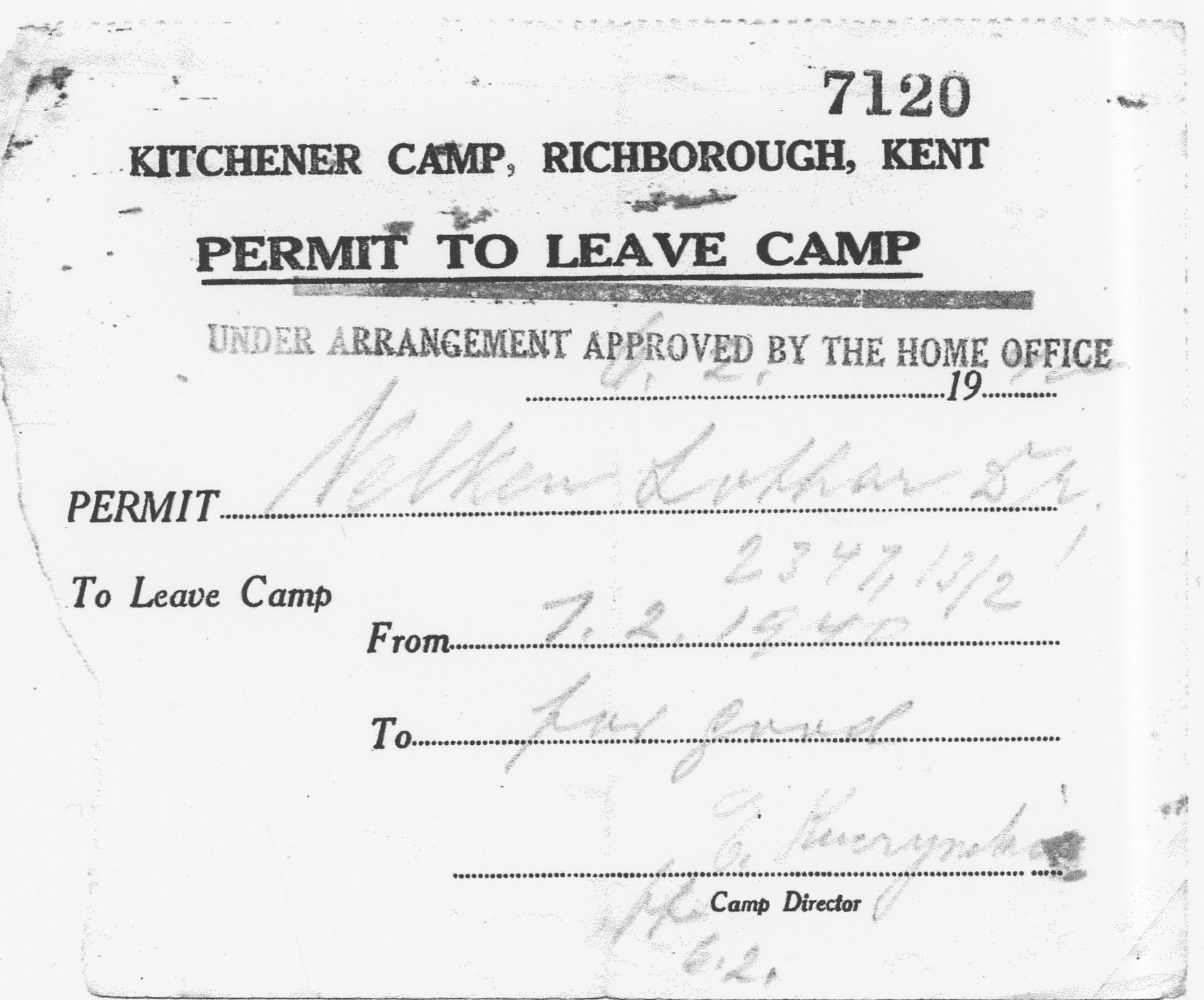 Richborough transit camp 1939 - permit to leave, Lothar Nelken