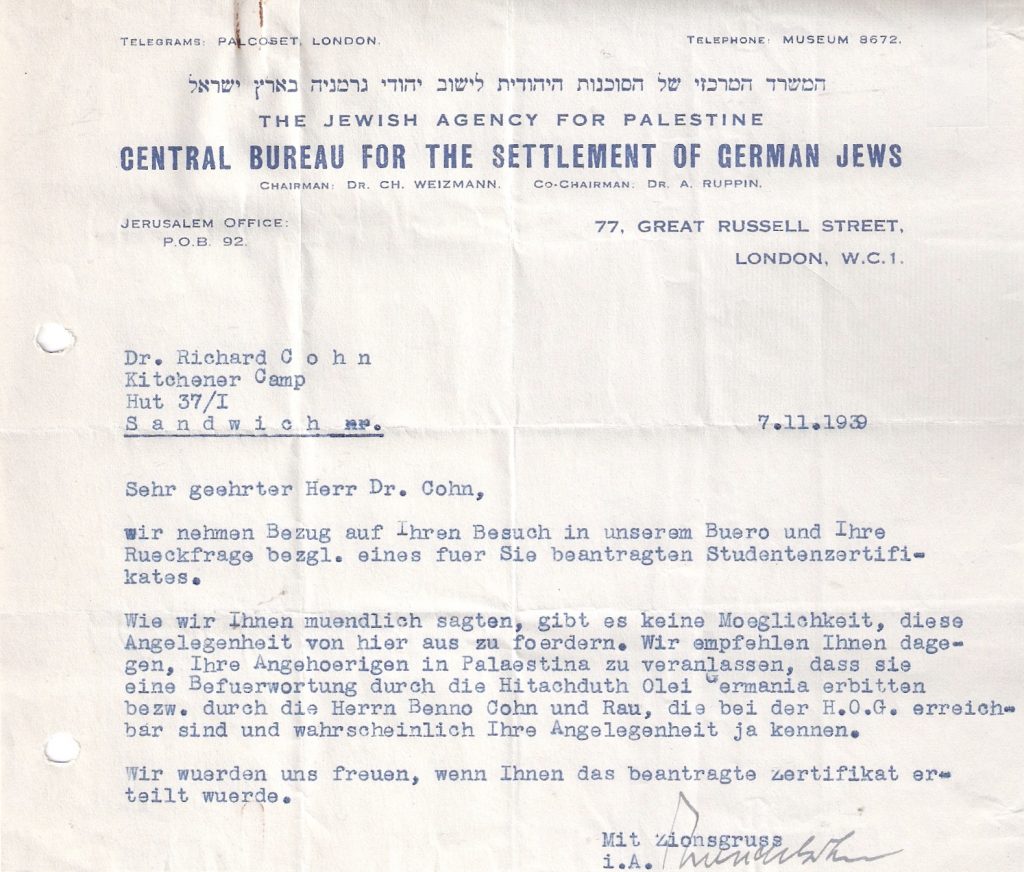 Kitchener camp, Richard Cohn, Letter, 3 November 1937