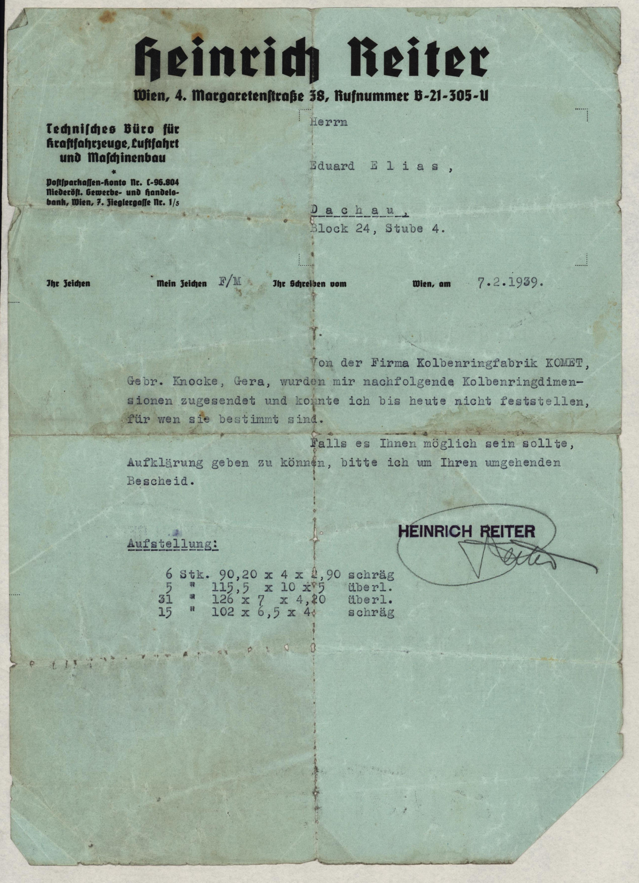 Richborough camp, Eduard Elias, letter to Dachau, 7 February 1939