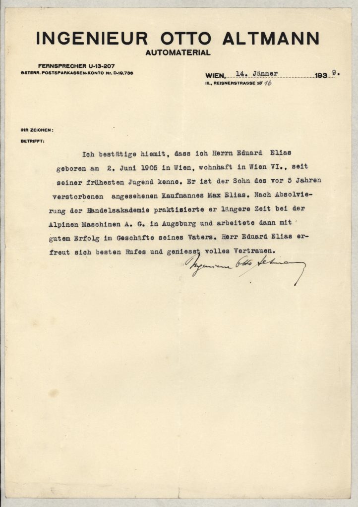 Richborough camp, Eduard Elias, Reference letter, 14 January 1939