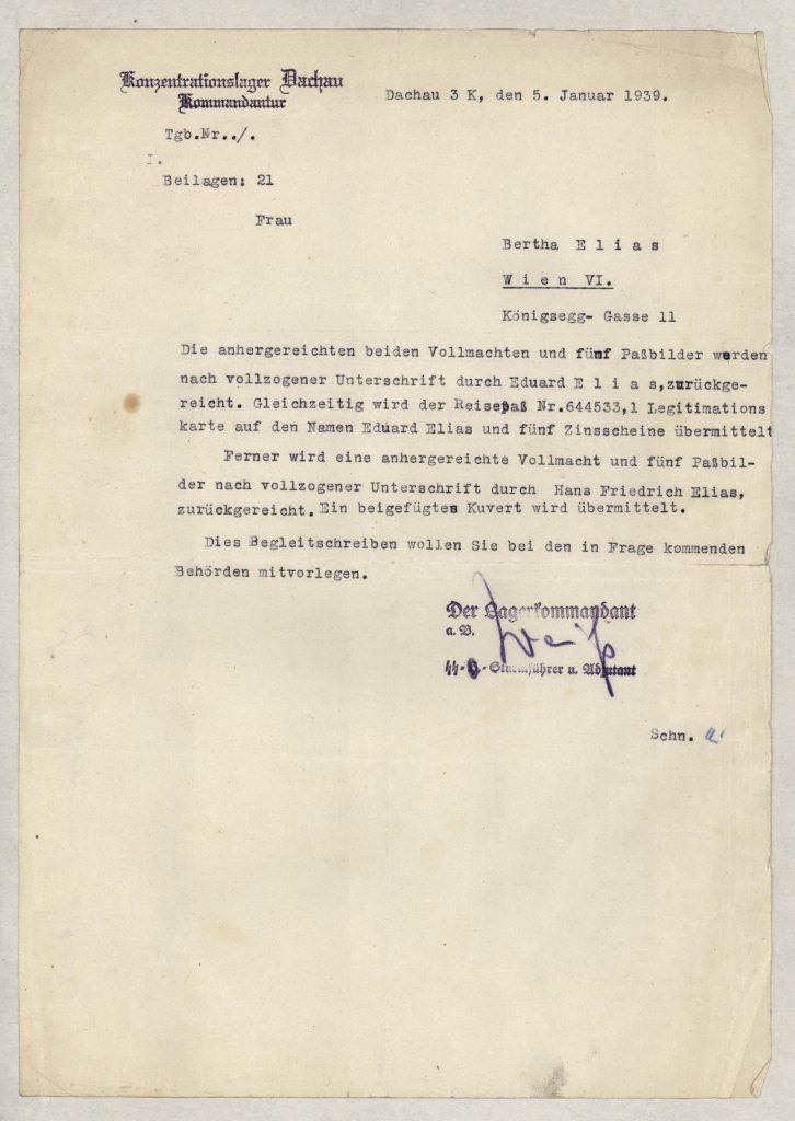 Richborough transit camp, Eduard Elias, Dachau letter, 5 January 1939