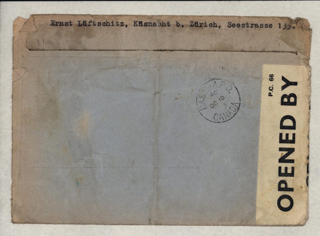 Eduard Elias, Envelope, Switzerland to Canada 1940