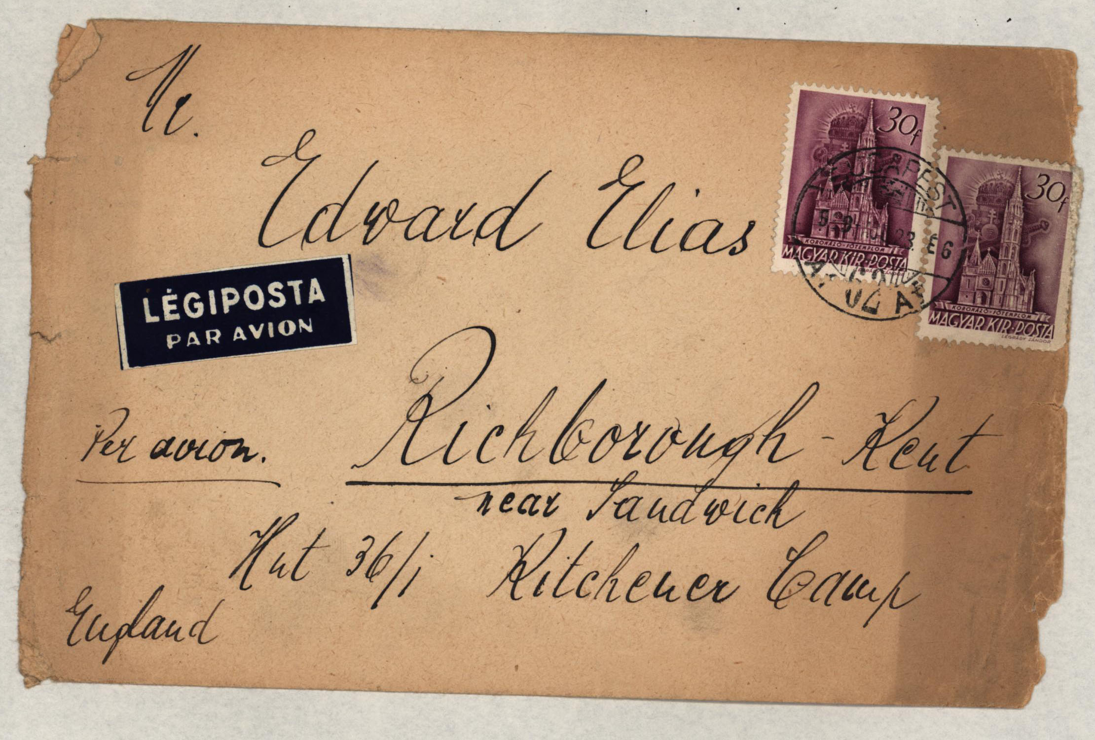 Kitchener camp, Eduard Elias, Hut 36/I, Envelope from Budapest