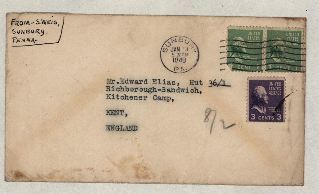 Kitchener camp, Eduard Elias, Hut 36/I, Envelope from USA, 13 January 1940