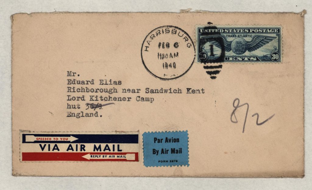 Kitchener camp, Eduard Elias, Hut 36/I, Envelope from USA, 6 February 1940