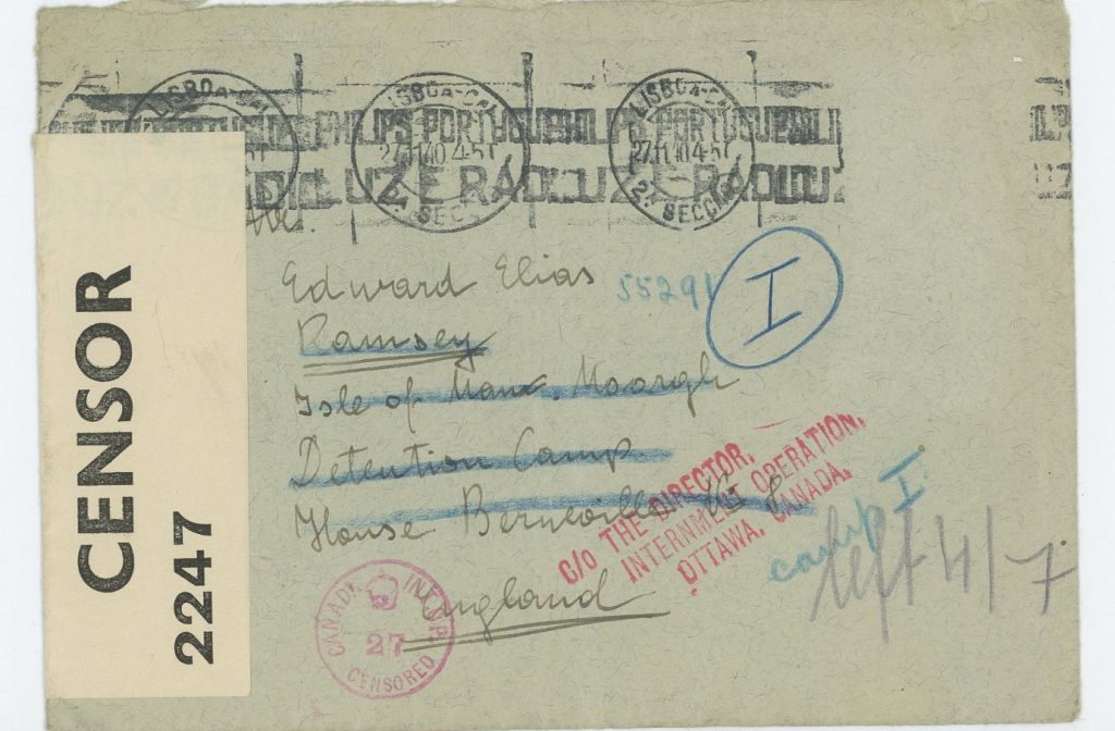 Kitchener camp, Eduard Elias, Envelope, 21 November 1940, Mooragh, Isle of Man, Canada, Censor