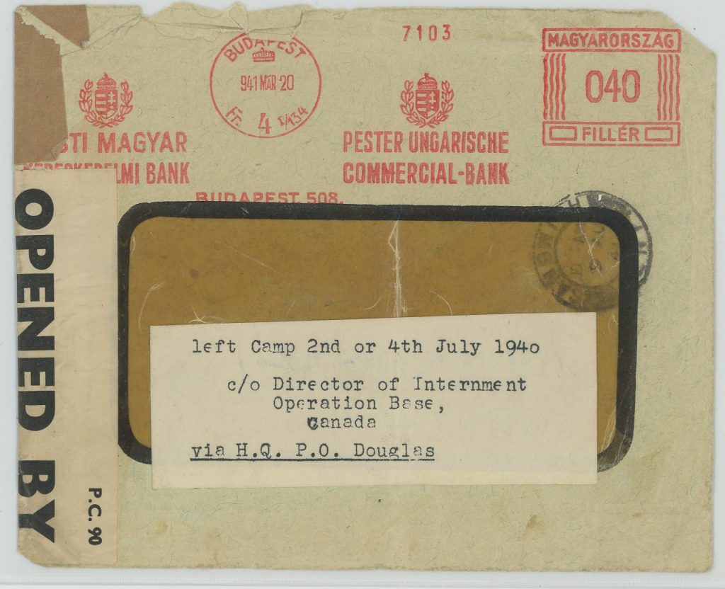 Eduard Elias, Envelope, 20 March 1941, Budapest, Canada