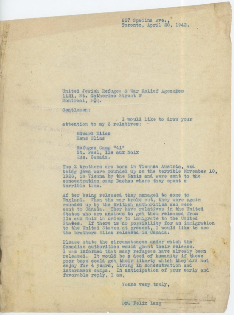 Canada camp, Eduard Elias, Letter 20 April 1942, ORT, Bloomsbury House, Camp 41 Ile aux Noix