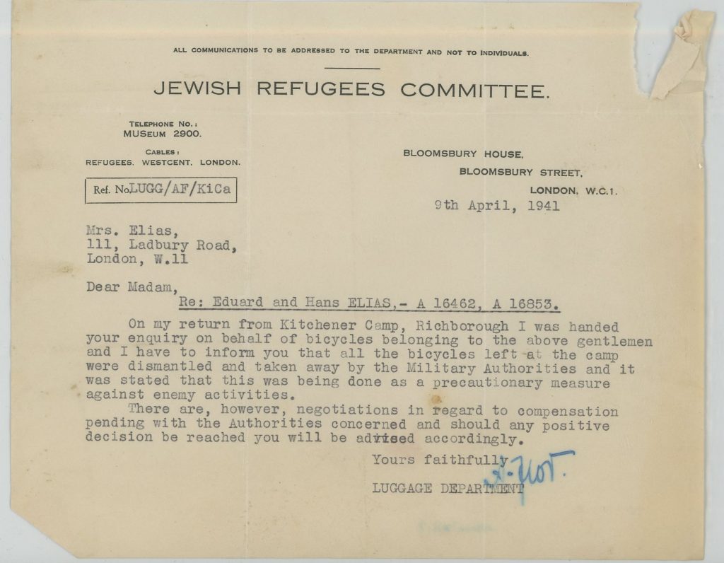 Eduard Elias, Hans Elias, Jewish Refugees Committee, Letter, 9 April 1941, bicycles, compensation