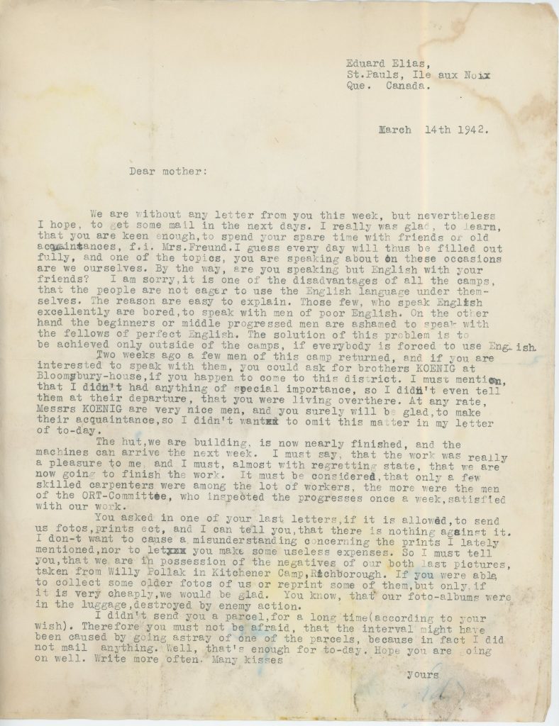 Canada camp, Eduard Elias, Letter 14 March 1942, ORT, Bloomsbury House