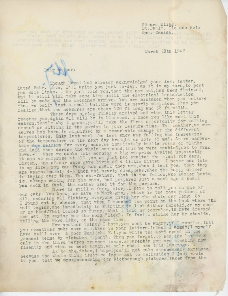 Eduard Elias, Letter, 14 March 1942, Ill aux Noix, Canada, Richborough, page 1