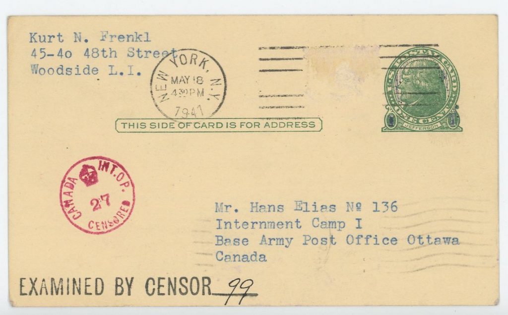 Eduard Elias, number 136, Internment camp 1, Canada, Postcard, 18 May 1941, Address