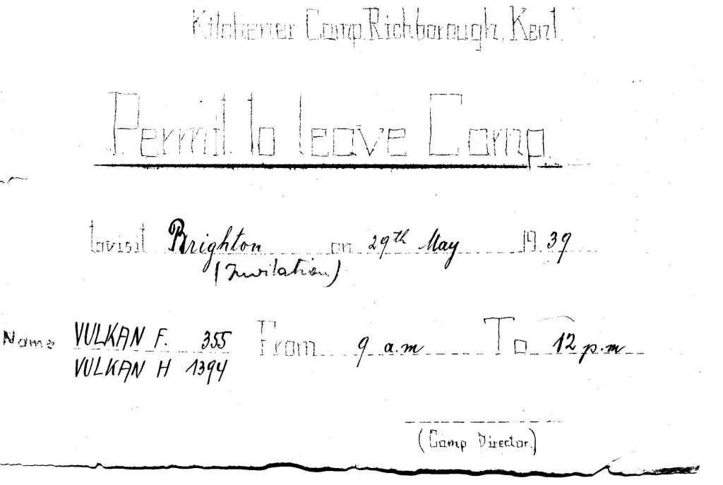 Kitchener camp, permit to leave camp, Ferdinand Vulkan, 29 May 1939