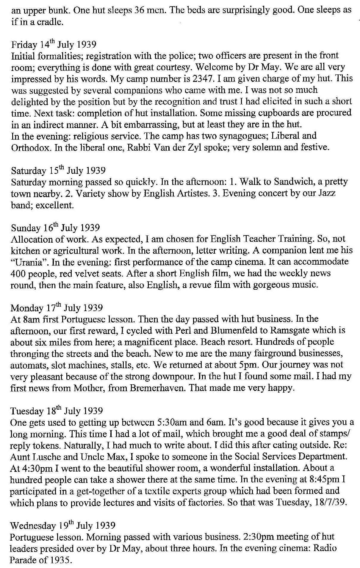 Lothar Nelken, Kitchener Camp diary, 1939 to 1940, Friday 14 July to 19 July 1939, page 2