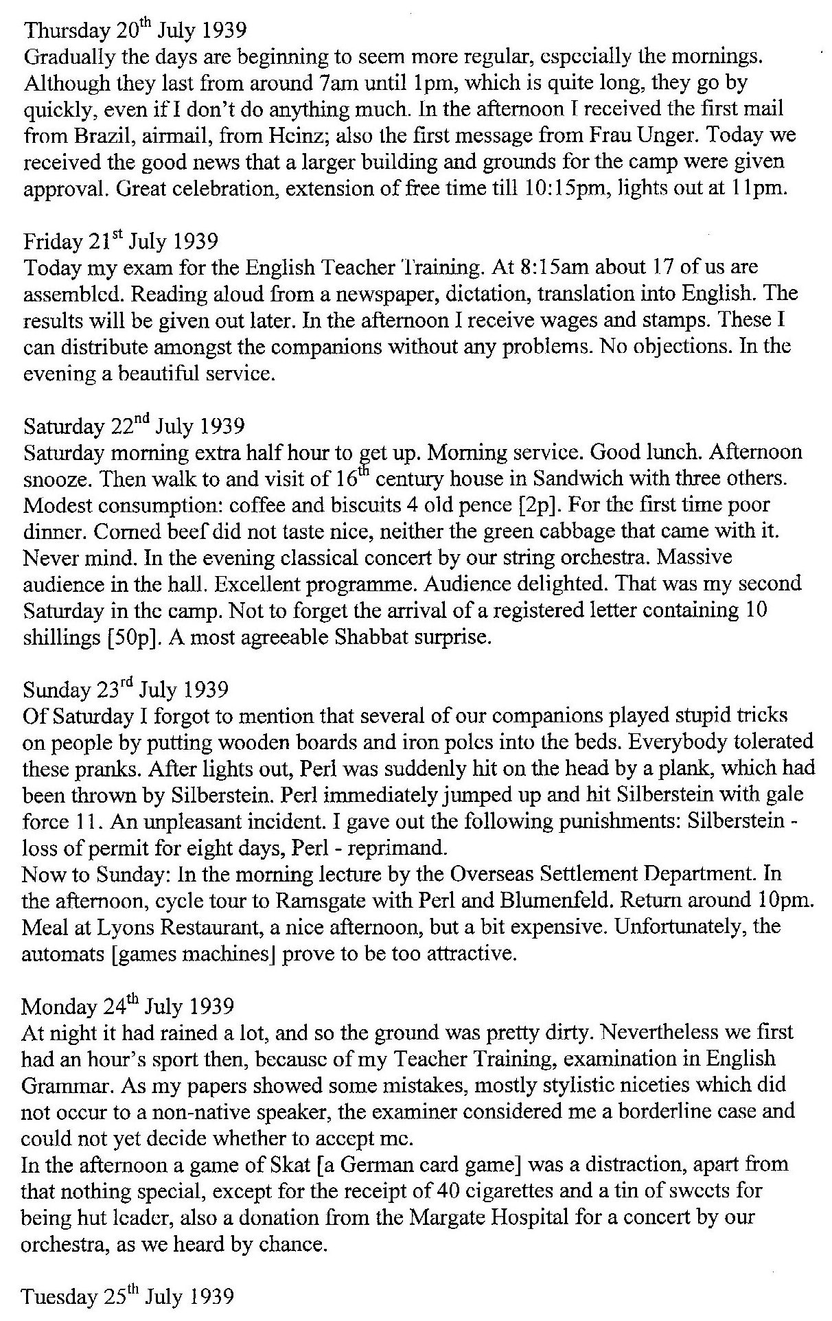 Lothar Nelken, Kitchener Camp diary, 1939 to 1940, page 3, Thursday 20 July to 24 July 1939