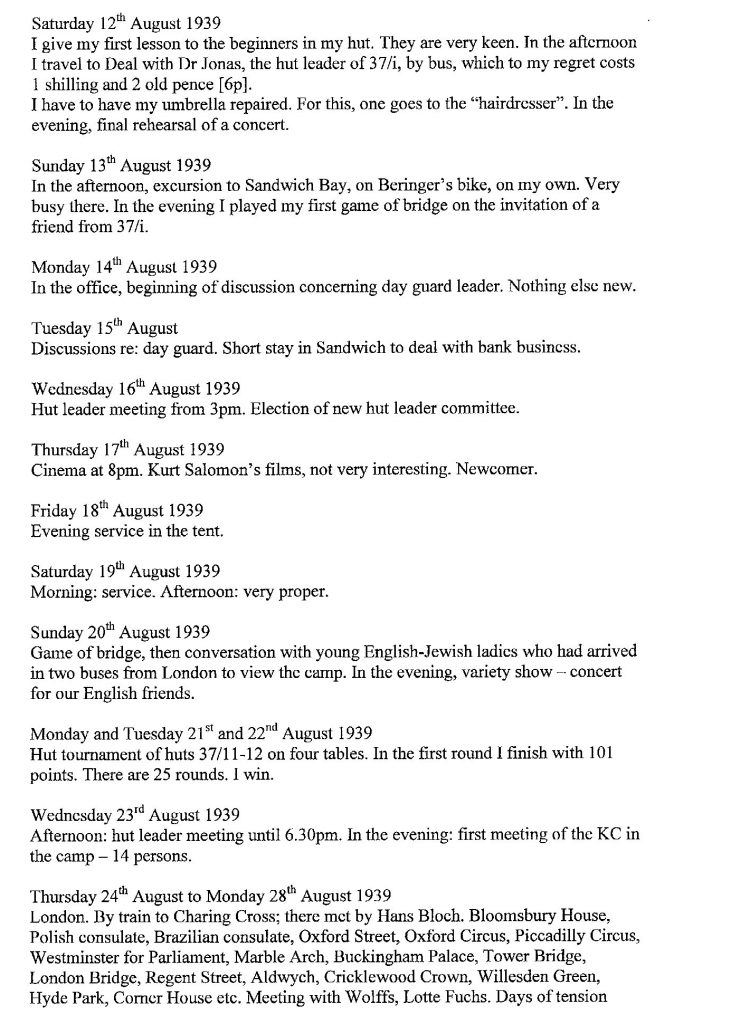Lothar Nelken, Kitchener Camp diary, 1939 to 1940, page 6, 12 August to 24 August 1939