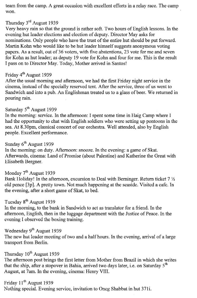 Lothar Nelken, Kitchener Camp diary, 1939 to 1940, page 5, 3 August to 11 August 1939