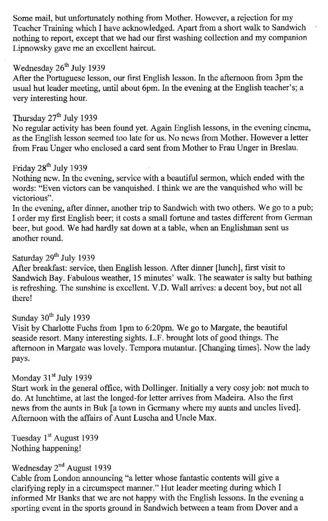 Lothar Nelken, Kitchener Camp diary, 1939 to 1940, page 4, 25 July to 2 August 1939