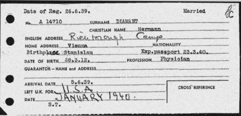 Richborough transit camp, Hermann Diamant, Entry card, 26 June 1939