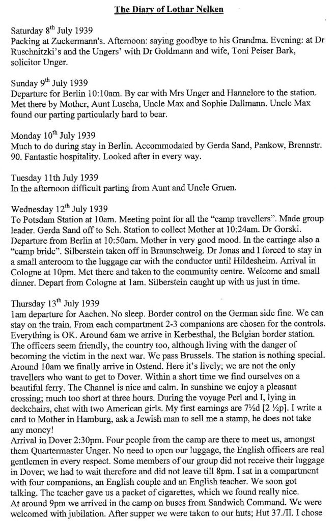 Lothar Nelken, Kitchener Camp diary, 1939 to 1940, page 1