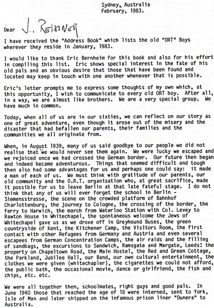 Richborough transit camp, Joachim Reissner, Berlin ORT Letter, February 1983