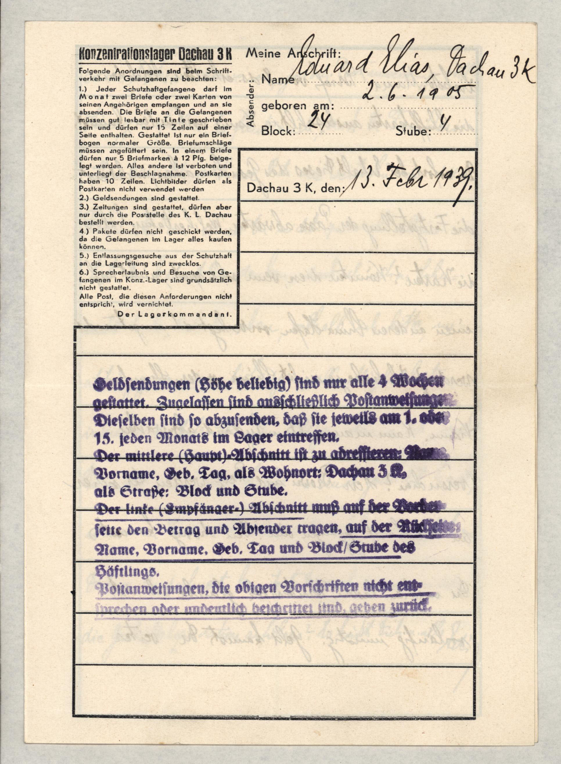 Eduard Elias, Dachau cover, Letter, 13 February 1939