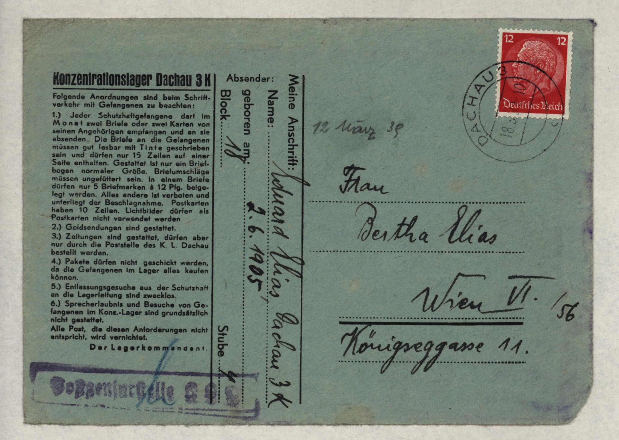 Eduard Elias, Dachau cover, Letter, 12 March 1939