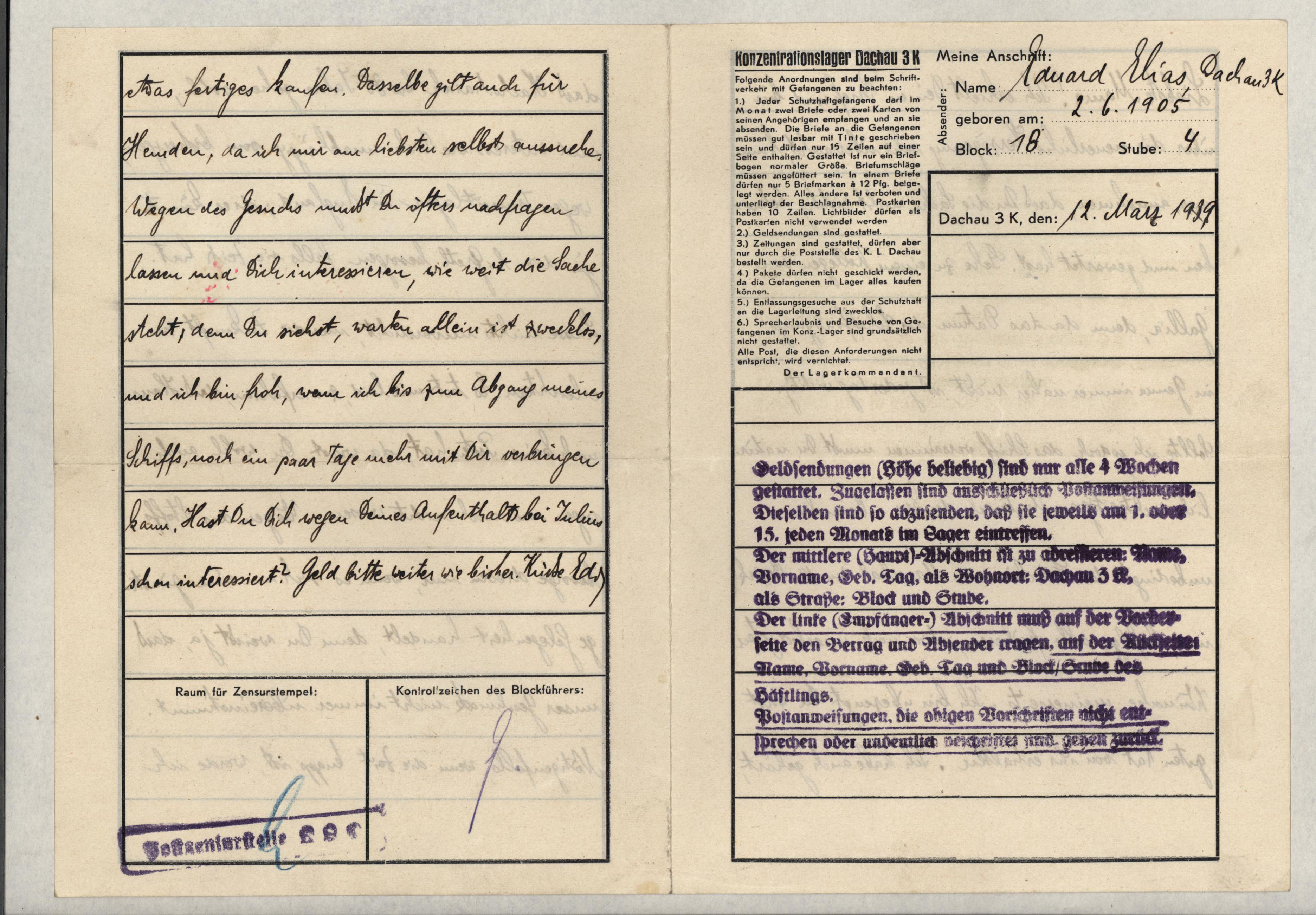 Eduard Elias, Dachau letter, 12 March 1939_001
