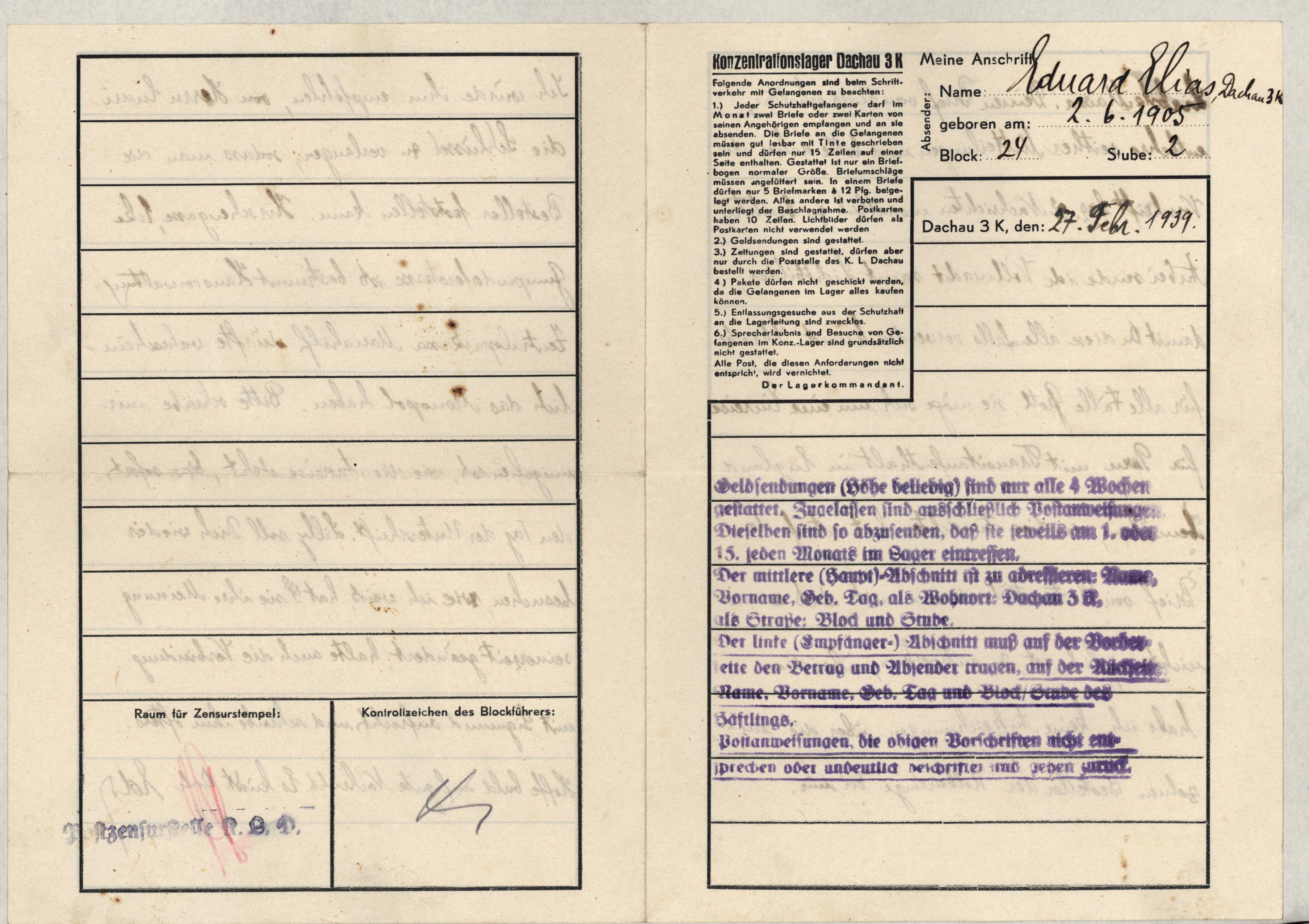 Eduard Elias, Dachau letter, 27 February 1939_001