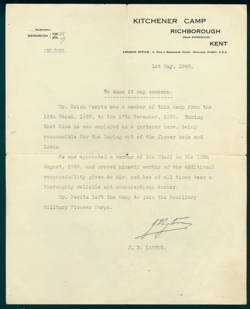 Richborough camp, Erich Peritz, Letter of recommendation, 1 May 1940