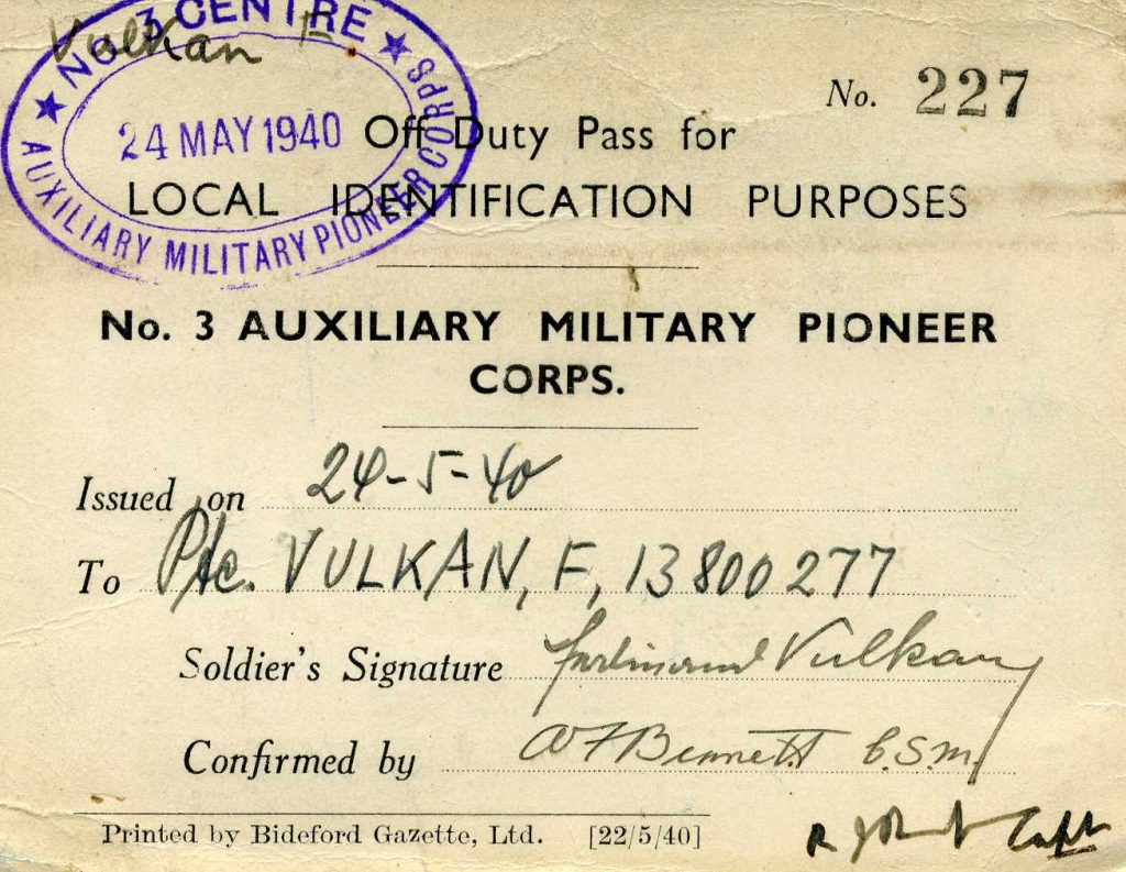 Kitchener camp 1939, Ferdinand Vulkan, Pioneer Corps, Off Duty Pass, 24 May 1940