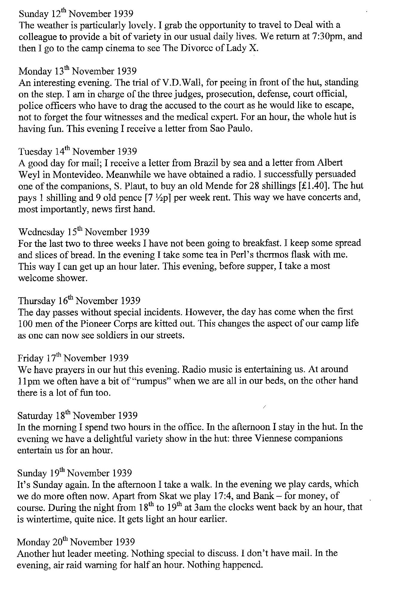 Lothar Nelken, Kitchener Camp diary, 1939 to 1940, page 15, 12 November to 20 November 1939