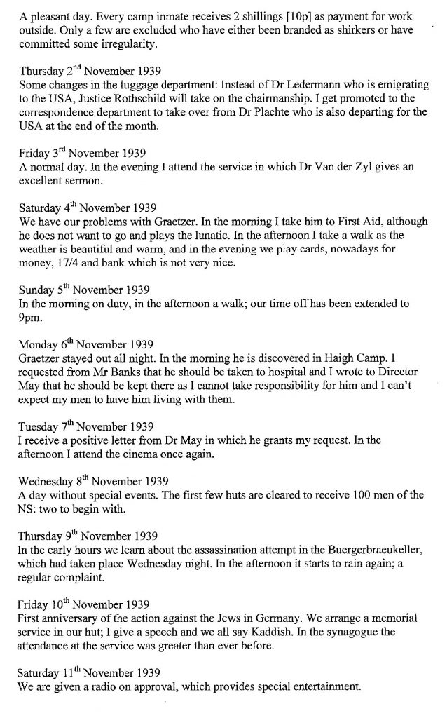 Lothar Nelken, Richborough Camp diary, 1939 to 1940, page 14, 2 November to 11 November 1939