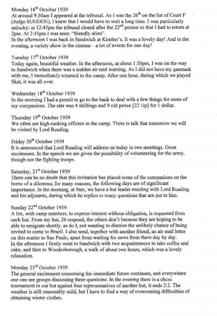 Lothar Nelken, Richborough Camp diary, 1939 to 1940, page 13, 16 October to 23 October 1939